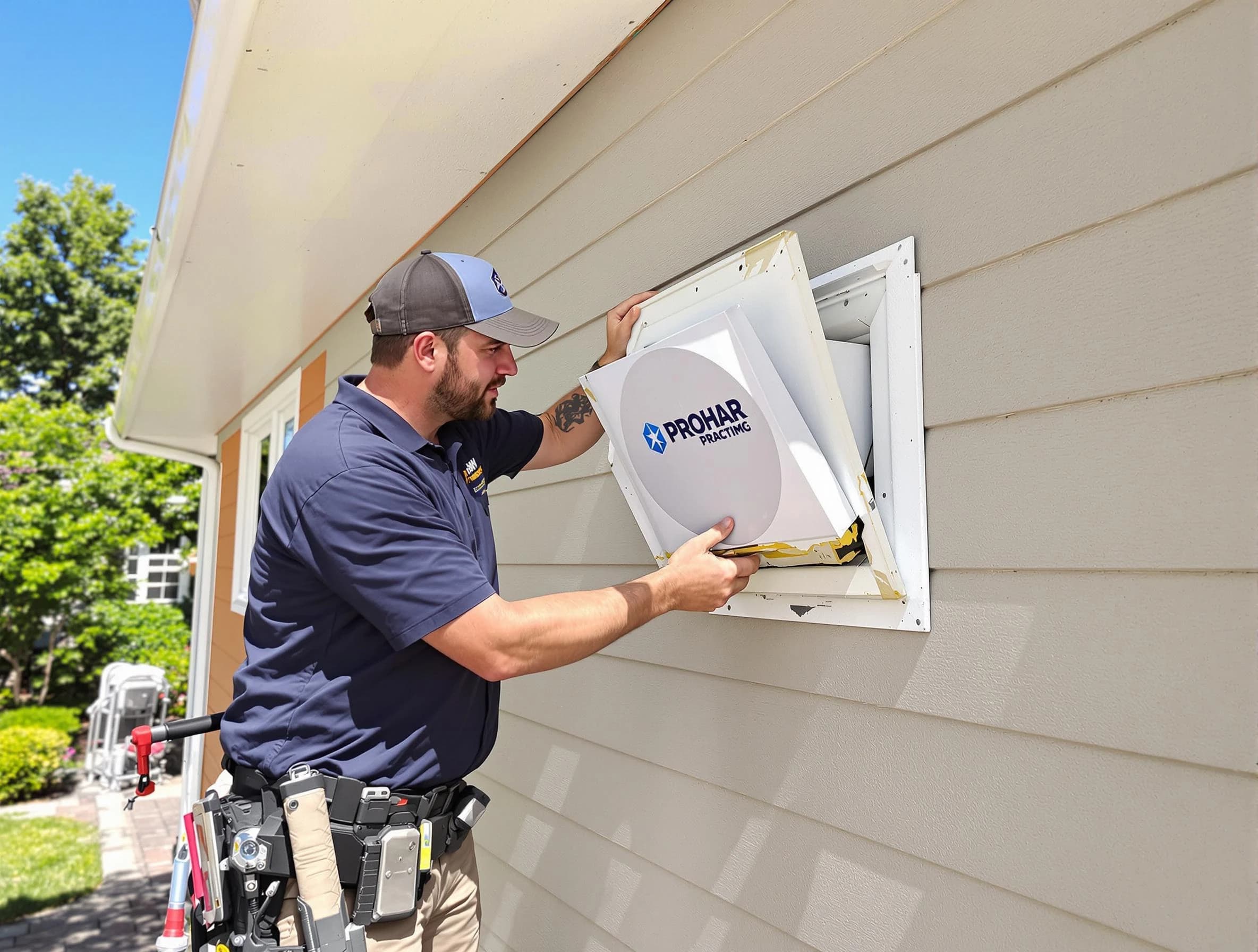 Clearfield Dryer Vent Cleaning technician installing a new protective dryer vent cover on a home in Clearfield