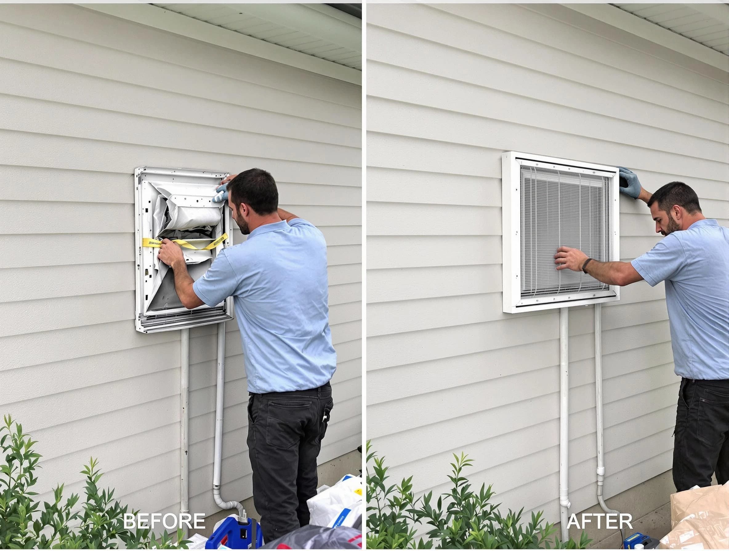 Clearfield Dryer Vent Cleaning technician installing high-quality dryer vent cover at a residential property in Clearfield